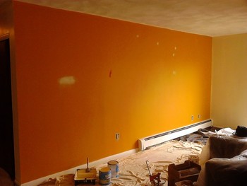 Before and After Interior Painting - going from orange to a beautiful red in Randolph, MA